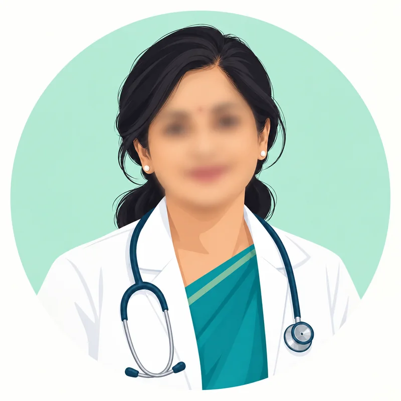 Young illustrated female doctor with privacy-blurred face representing Dr. Rameshwari Allahabade
